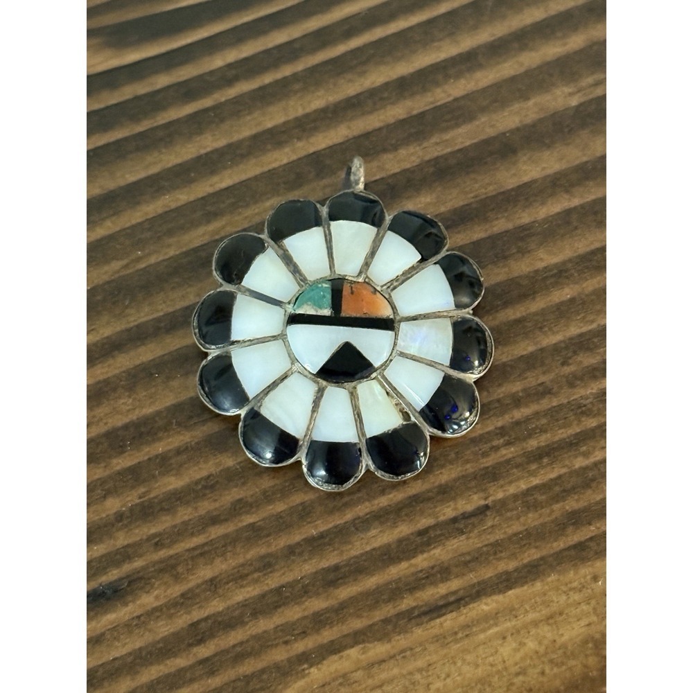 Vintage Zuni Sun Face 925 Sterling Silver Turquoise Inlay‎ Candace Cook Unsigned